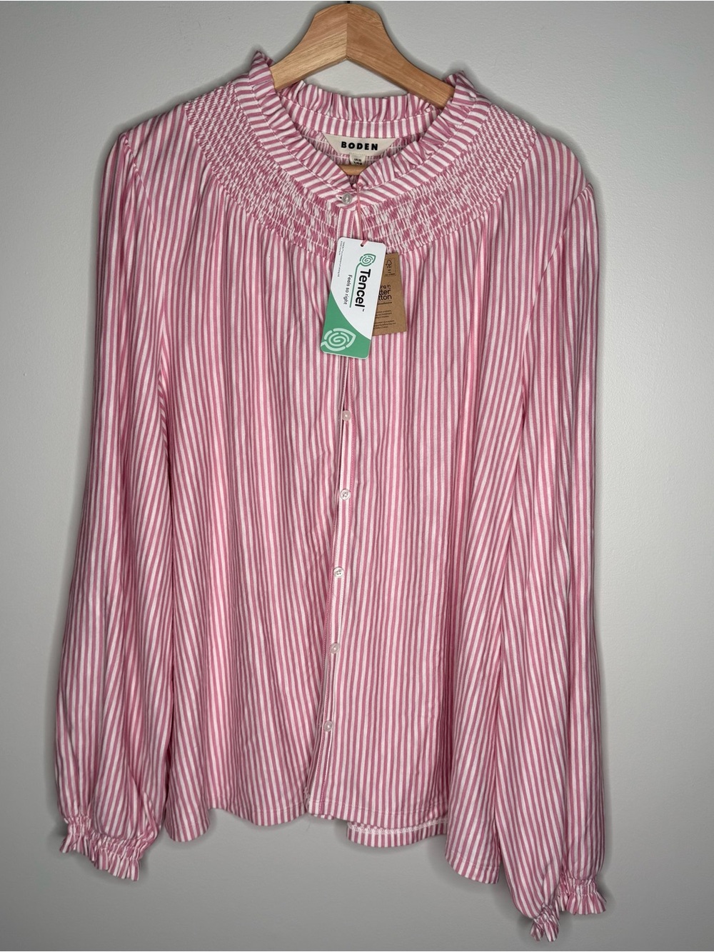Boden Pink and White Striped Smocked Collar Blouse